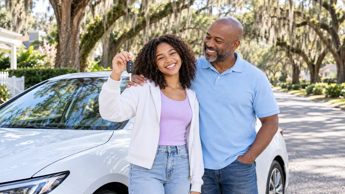 A happy new driver holding car keys next to a parent beside a modern car