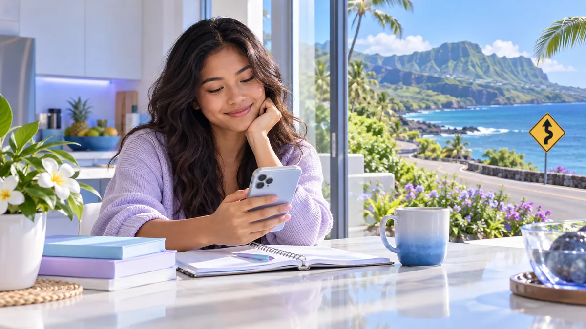 A new driver studying for the Hawaii permit test on a phone at a kitchen table