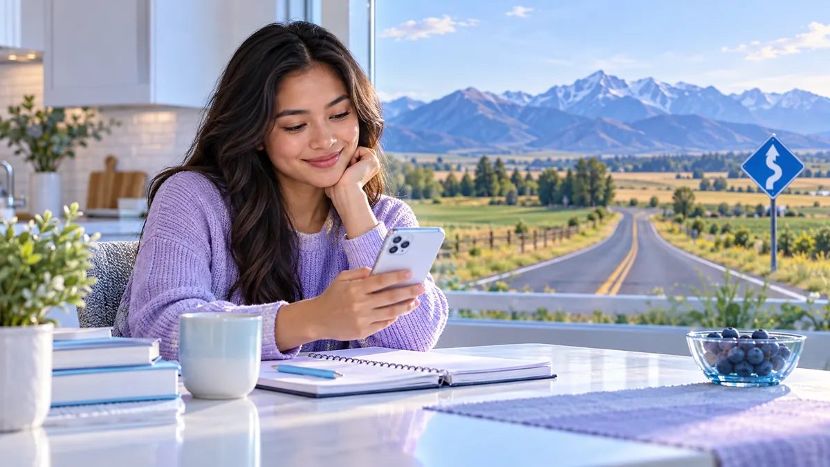 A new driver studying for the Idaho permit test on a phone at a kitchen table, relaxed