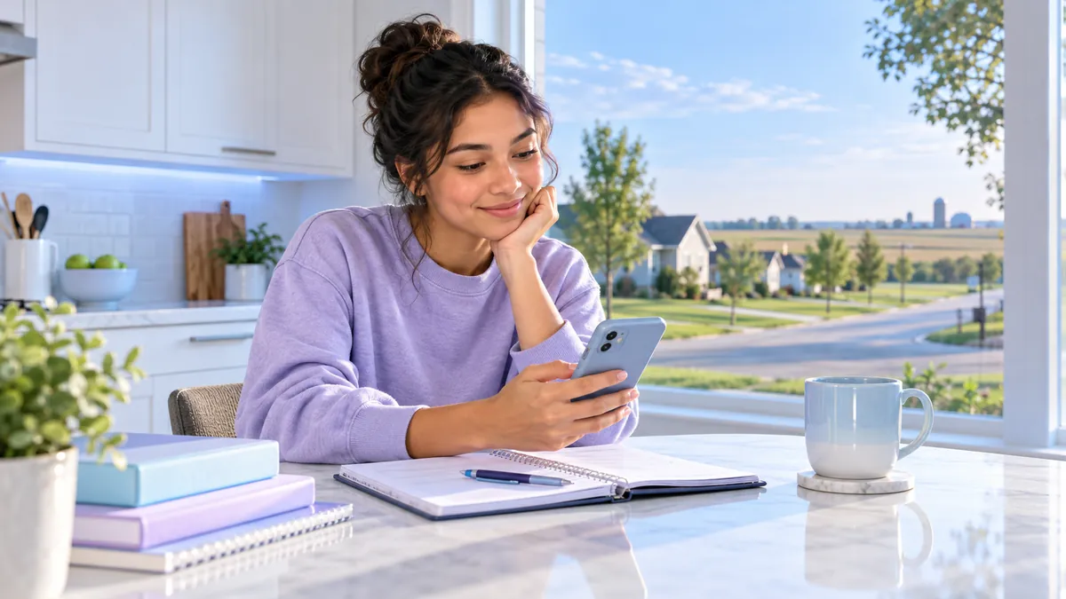 A new driver studying for the Illinois permit test on a phone at a kitchen table