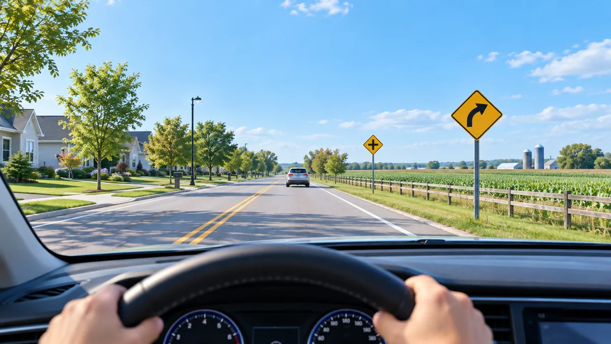 View from the driver's seat of a Midwestern suburban street at the edge of flat farmland