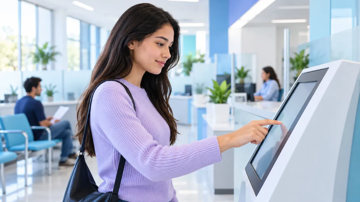 A person at a touchscreen testing kiosk in a bright, modern, government-style office