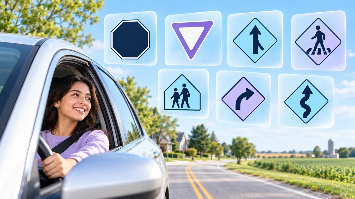 A clean flat illustration of several US road signs floating on frosted glass cards over white