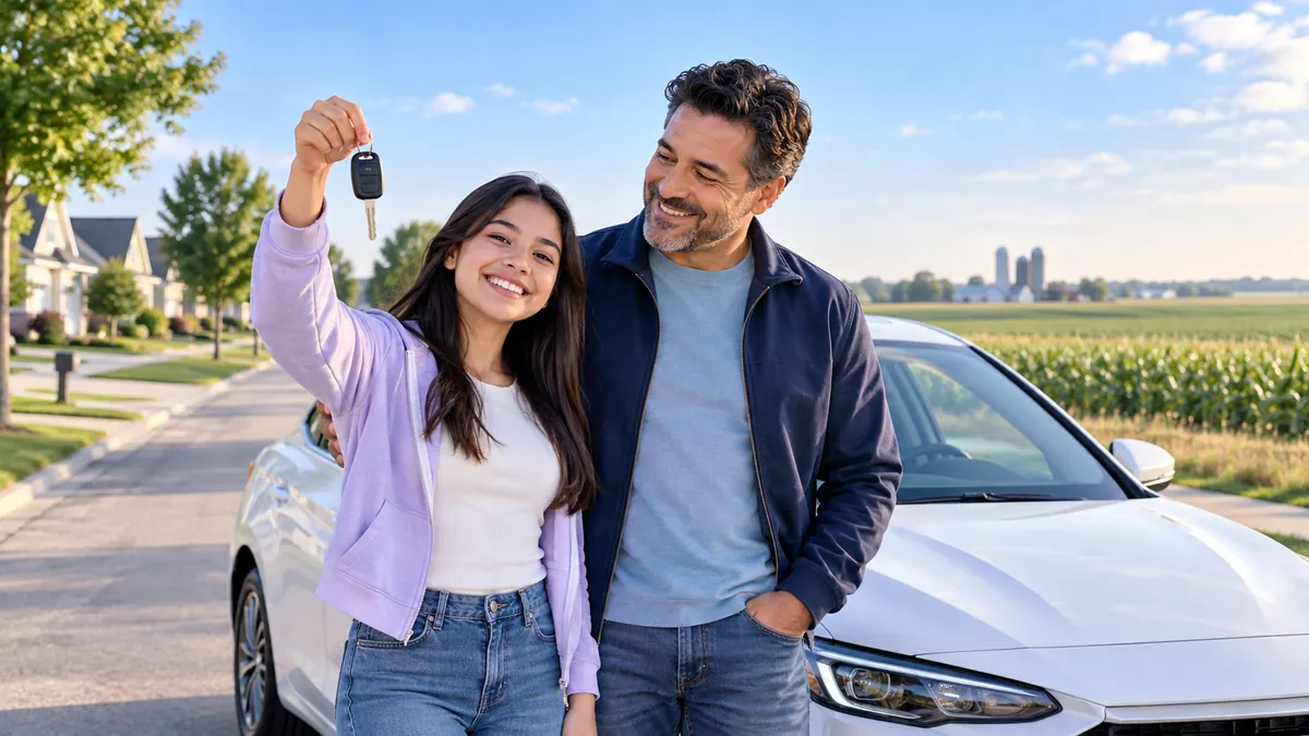 A happy new driver holding car keys next to a parent beside a modern car