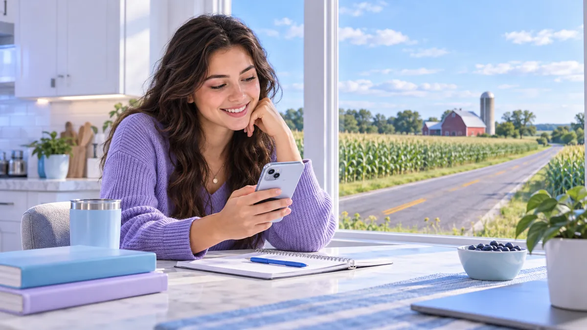 A new driver studying for the Indiana permit test on a phone at a kitchen table