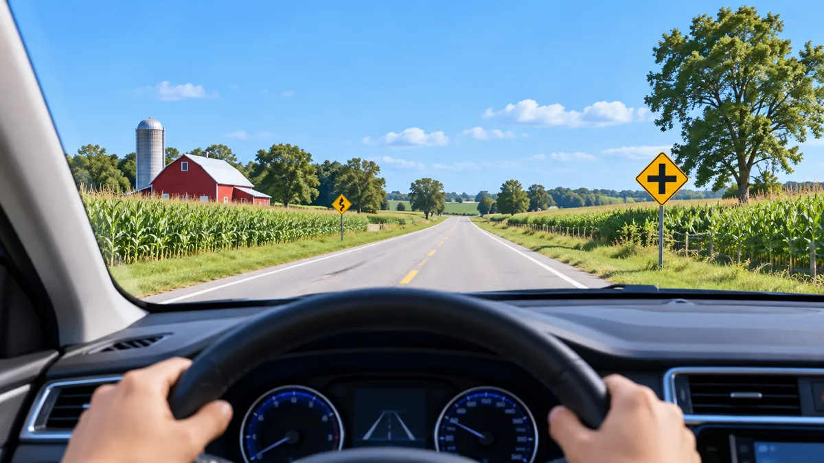 View from the driver's seat of a flat country road past cornfields