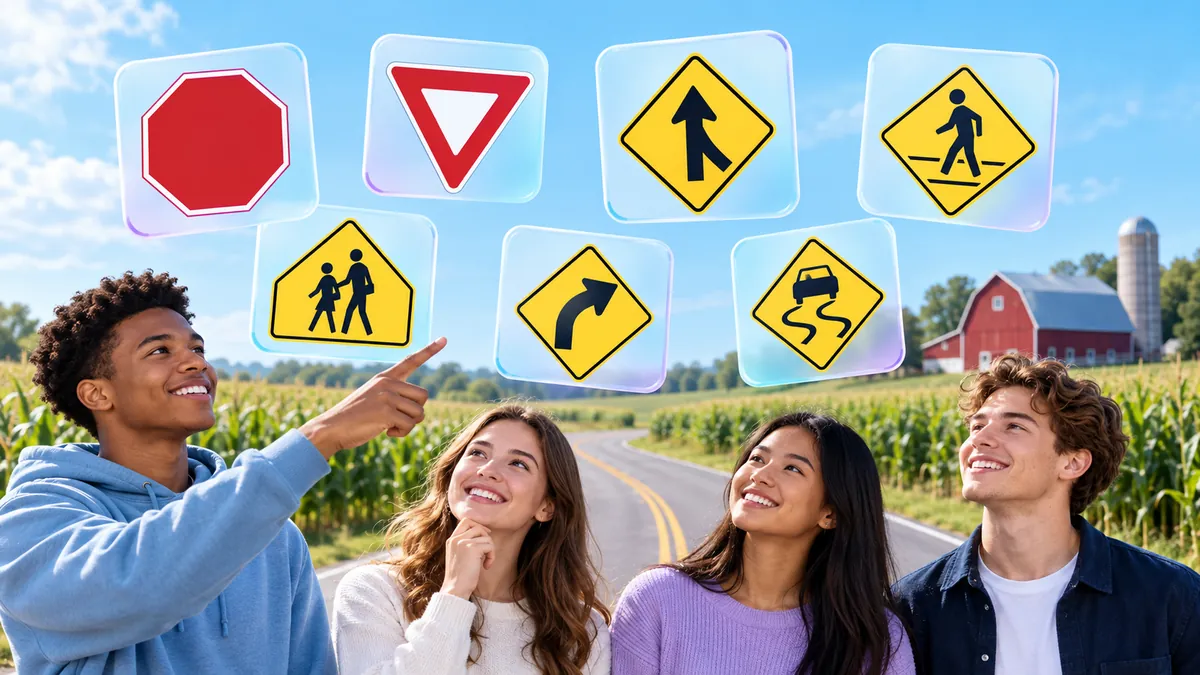 A clean flat illustration of 6–8 US road signs floating on frosted glass cards over white