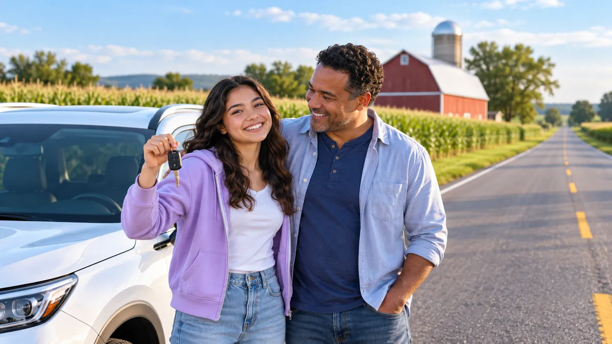 A happy new driver holding car keys next to a parent beside a modern car