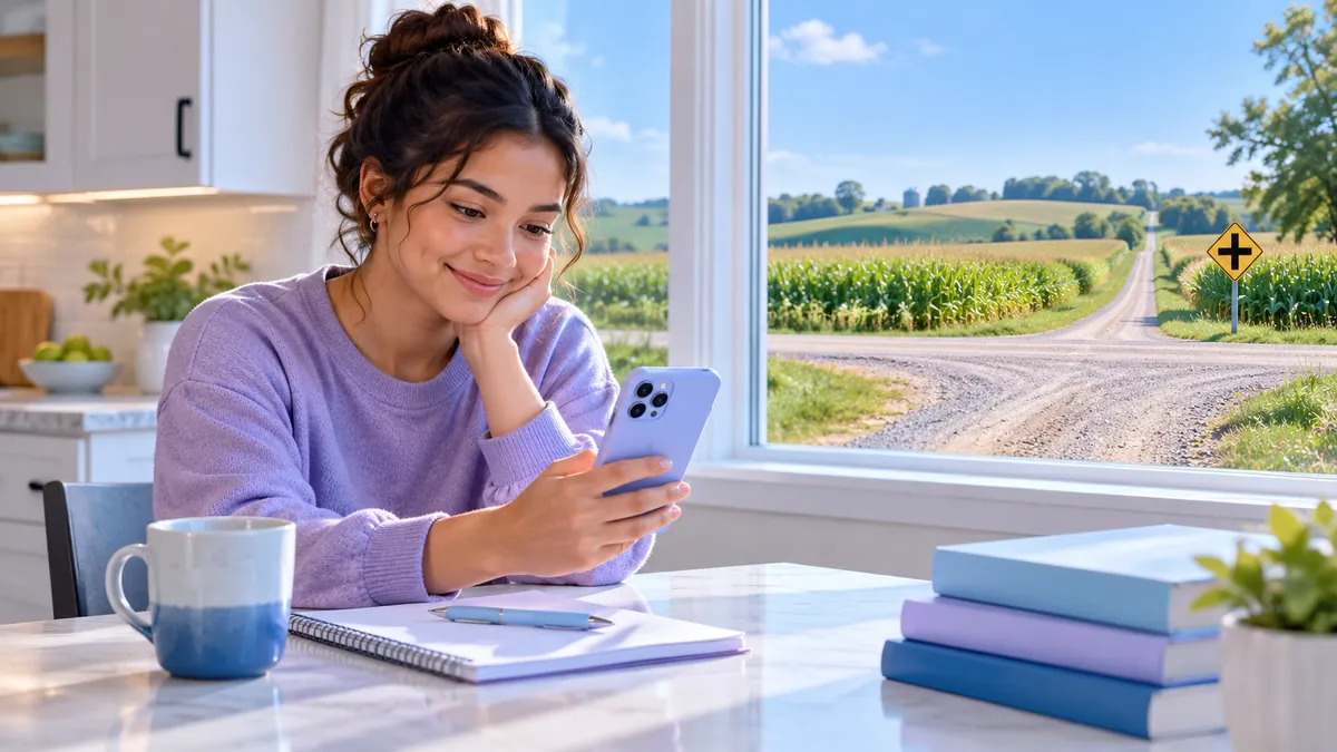 A new driver studying for the Iowa permit test on a phone at a kitchen table, relaxed