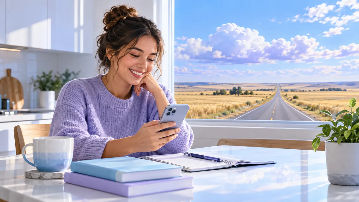 A new driver studying for the Kansas permit test on a phone at a kitchen table