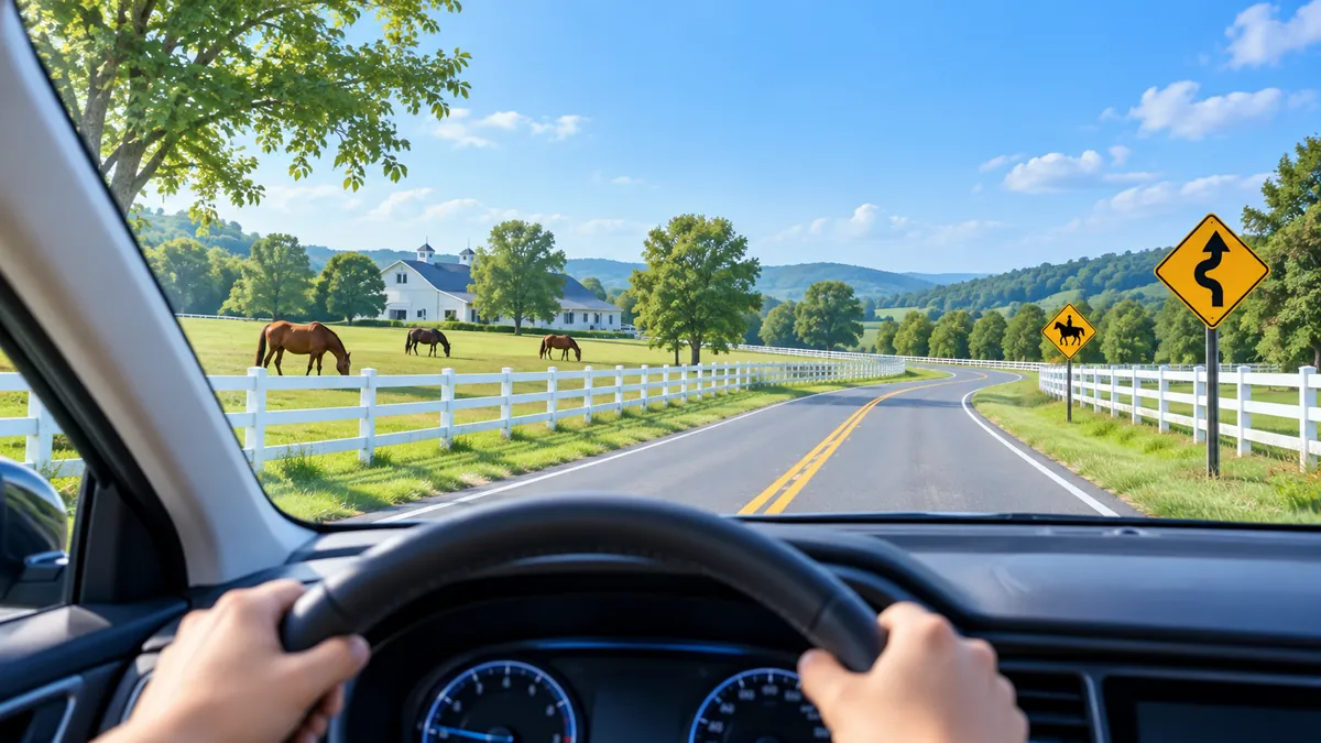 View from the driver's seat of a country road past a horse farm with white wooden fences