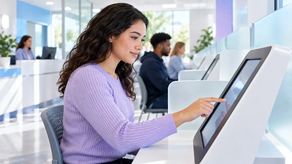 A person at a touchscreen testing kiosk in a bright, modern, government-style office