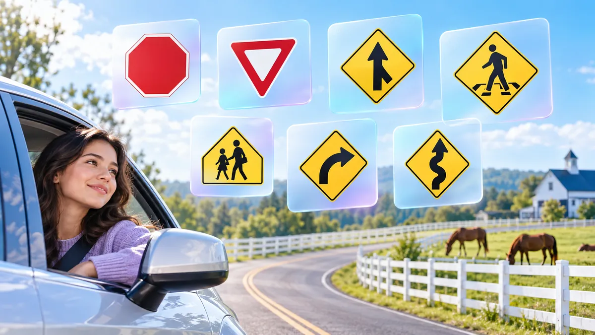A clean flat illustration of 6–8 US road signs floating on frosted glass cards over white