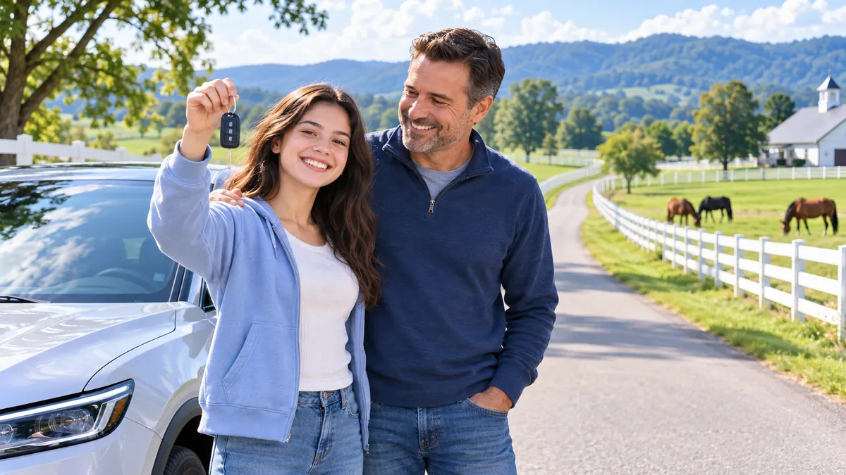 A happy new driver holding car keys next to a parent beside a modern car
