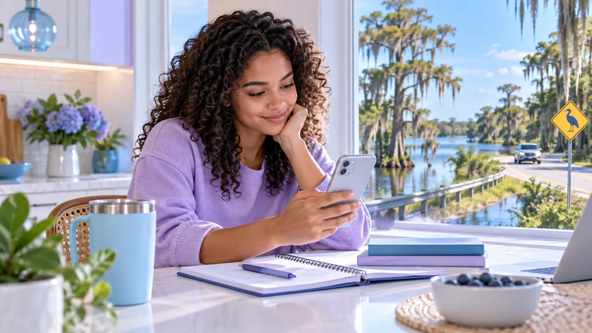 A new driver studying for the Louisiana permit test on a phone at a kitchen table