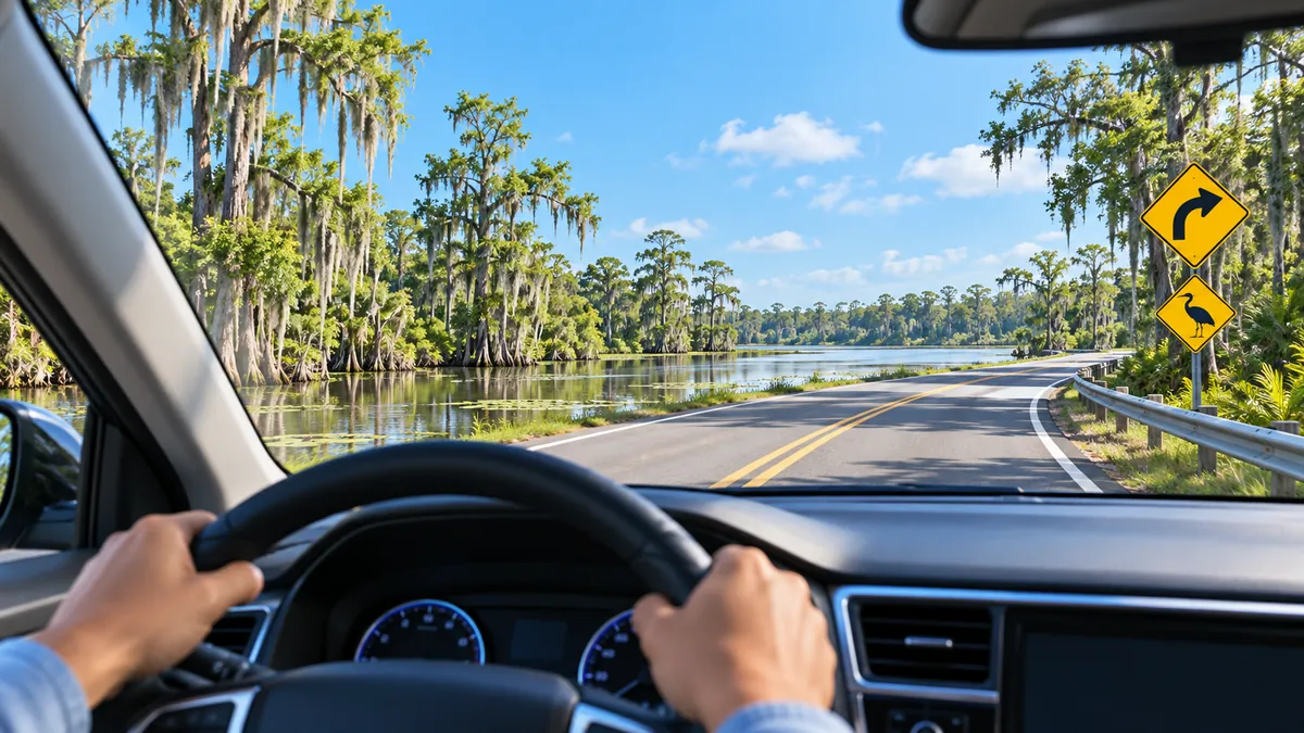 View from the driver's seat of a road beside a bayou with cypress trees, road signs ahead