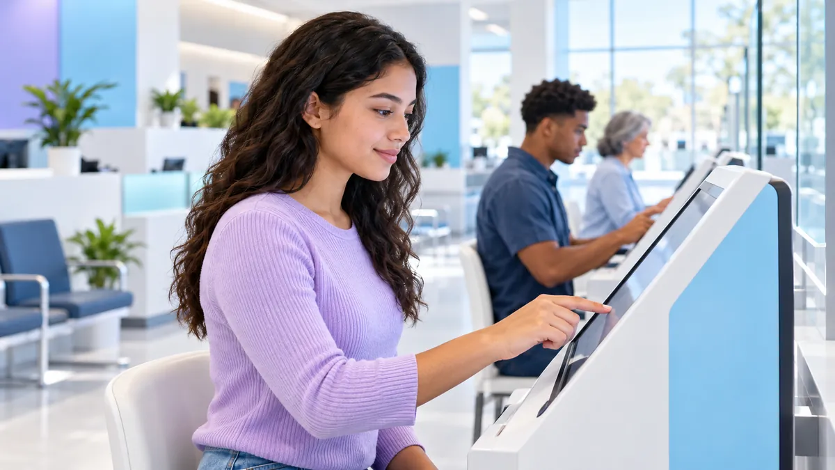 A person at a touchscreen testing kiosk in a bright, modern, government-style office