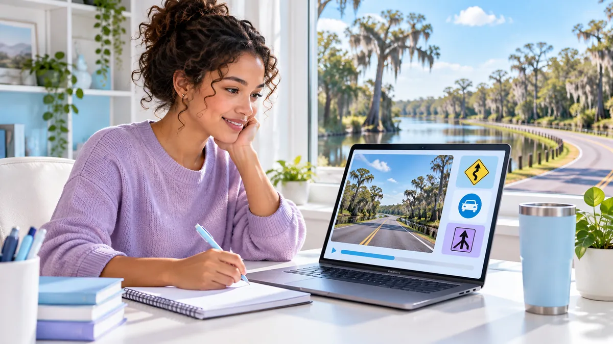 A student taking a short online driver course on a laptop, notebook beside them