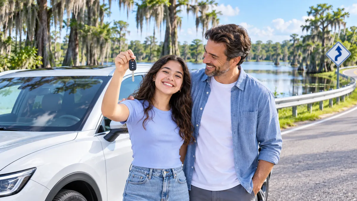 A happy new driver holding car keys next to a parent beside a modern car