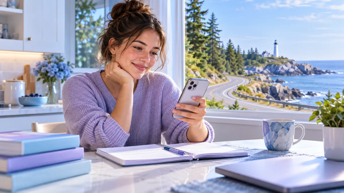 A new driver studying for the Maine permit test on a phone at a kitchen table, relaxed