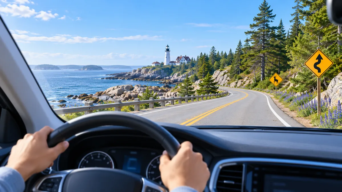 View from the driver's seat of a coastal road with pine trees and a lighthouse in the distance