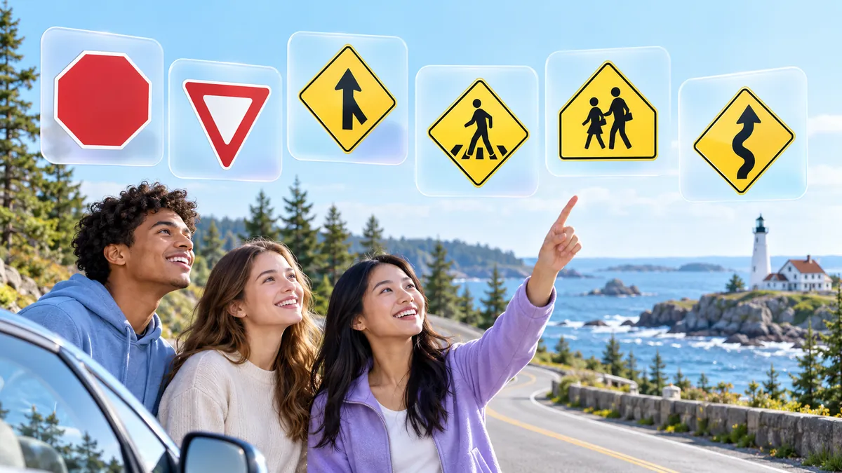 A clean flat illustration of 6–8 US road signs floating on frosted glass cards over white