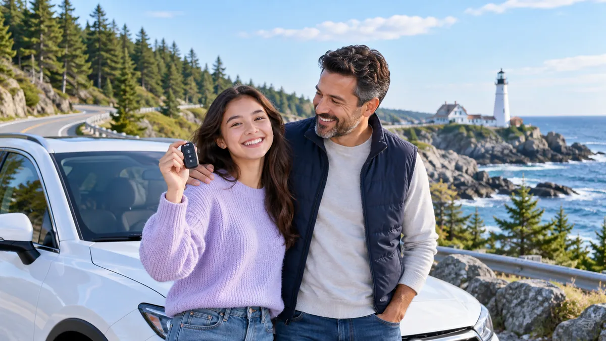 A happy new driver holding car keys next to a parent beside a modern car