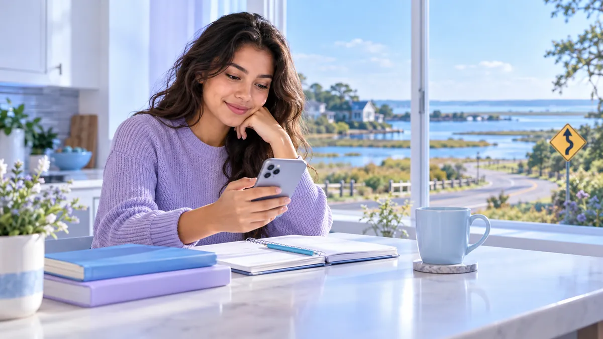 A new driver studying for the Maryland permit test on a phone at a kitchen table