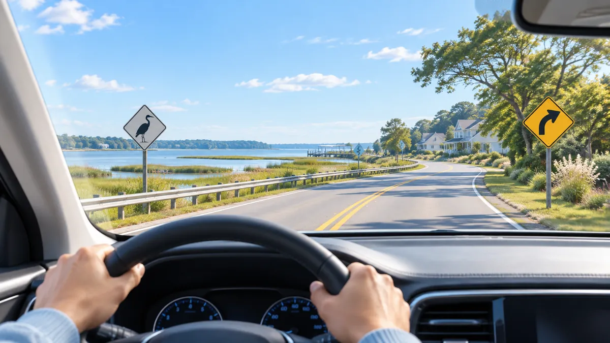 View from the driver's seat of a suburban road near Chesapeake Bay marshland, road signs ahead