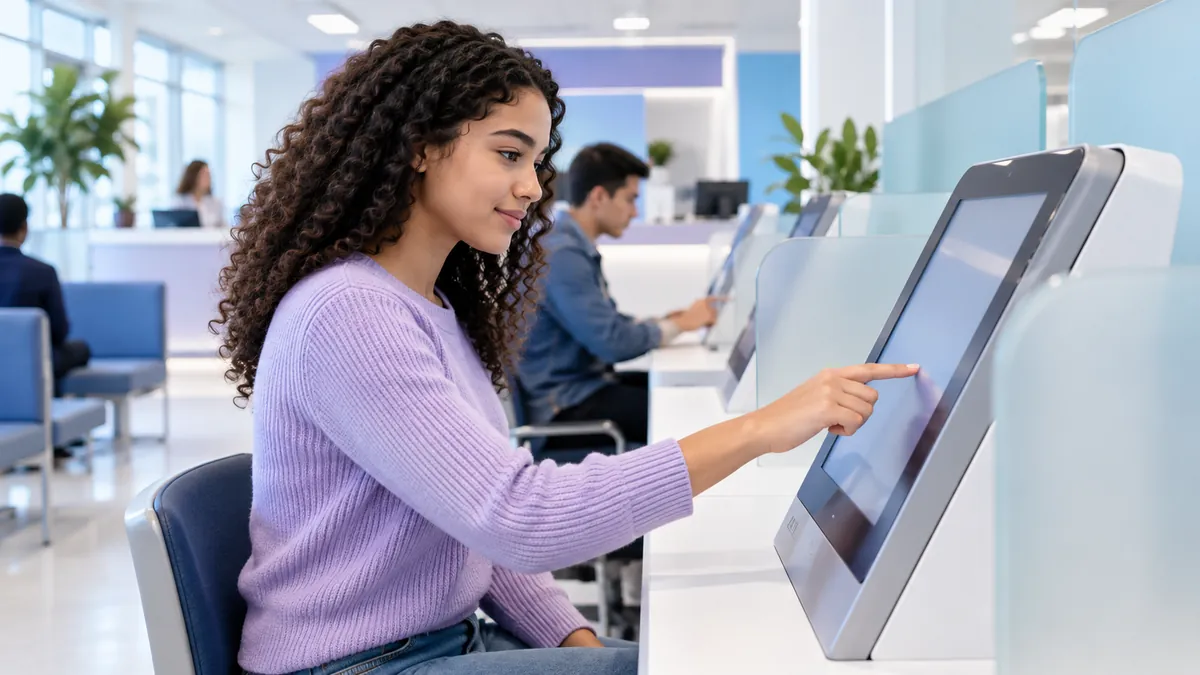 A person at a touchscreen testing kiosk in a bright, modern, government-style office