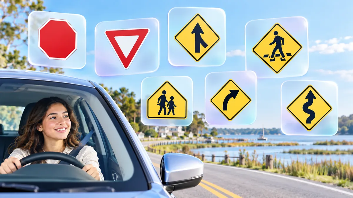 A clean flat illustration of 6–8 US road signs floating on frosted glass cards over white