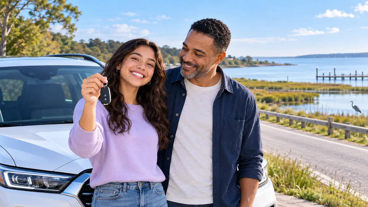 A happy new driver holding car keys next to a parent beside a modern car