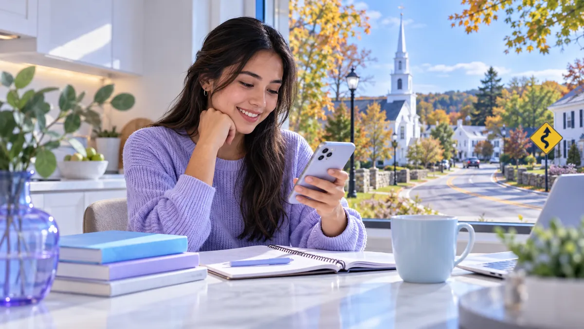 A new driver studying for the Massachusetts permit test on a phone at a kitchen table