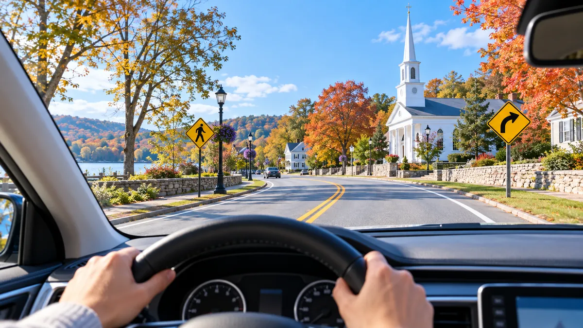 View from the driver's seat of a New England town road with fall foliage and a white church