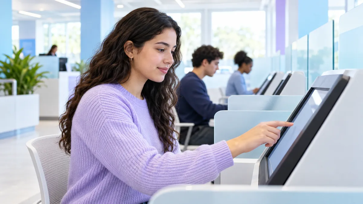 A person at a touchscreen testing kiosk in a bright, modern, government-style office