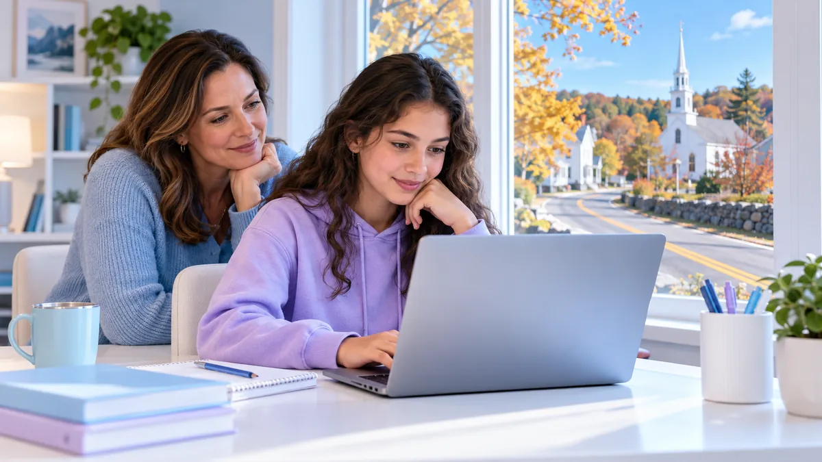 A teen taking the permit test online at home on a laptop at a desk, a parent sitting nearby