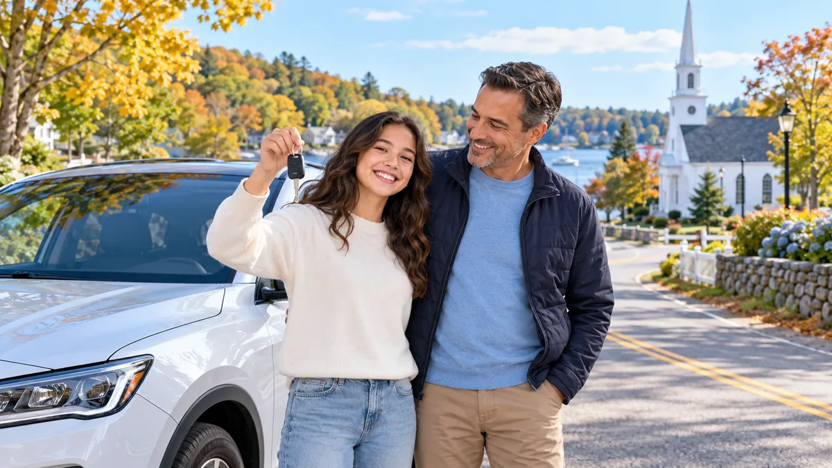 A happy new driver holding car keys next to a parent beside a modern car