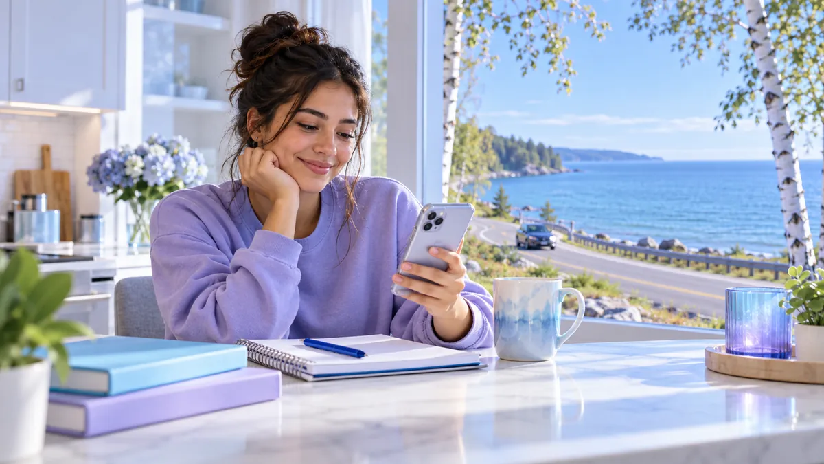 A new driver studying for the Michigan permit test on a phone at a kitchen table