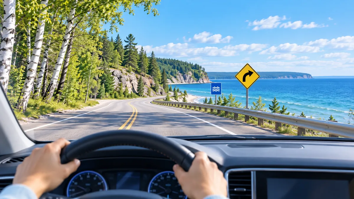 View from the driver's seat of a lakeside road with birch trees along a Great Lakes shoreline
