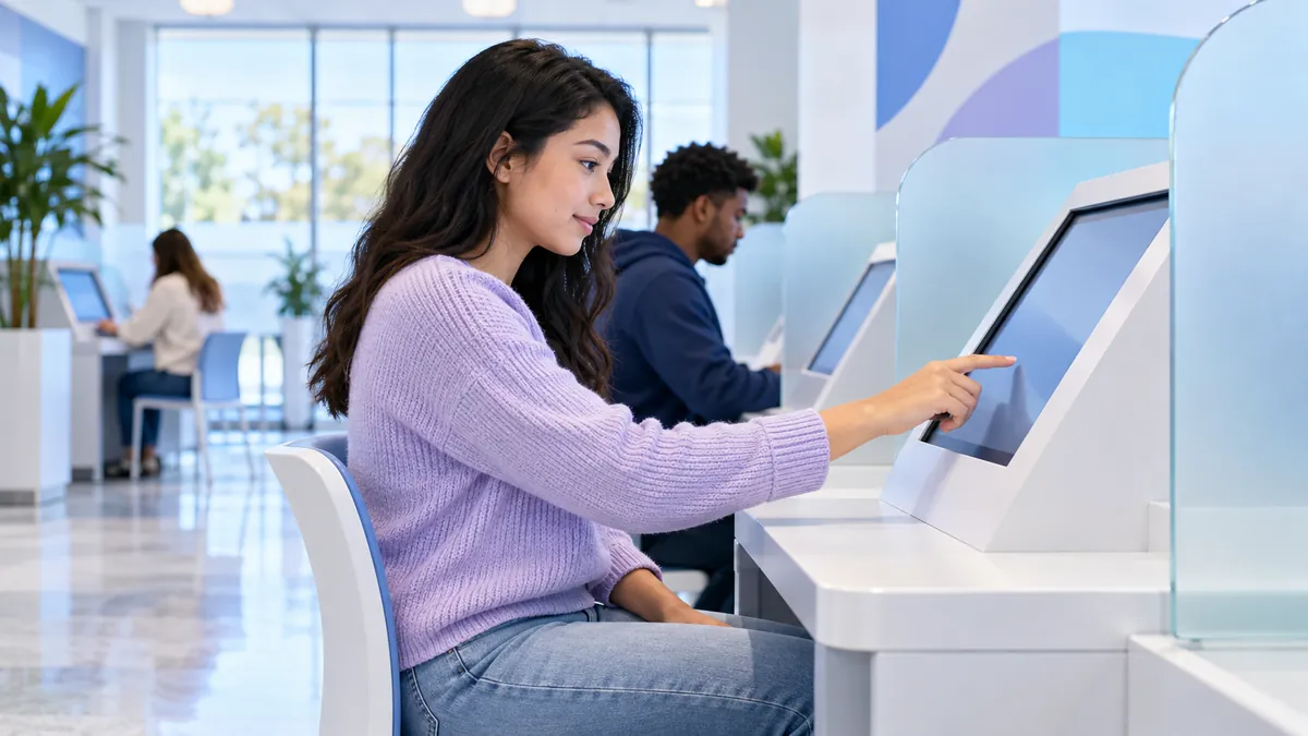 A person at a touchscreen testing kiosk in a bright, modern, government-style office