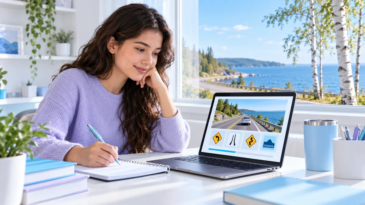 A student taking a short online driver course on a laptop, notebook beside them