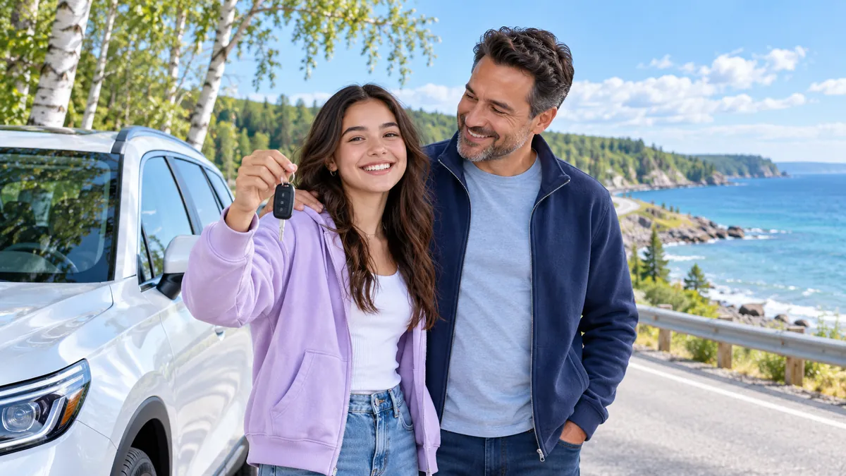 A happy new driver holding car keys next to a parent beside a modern car