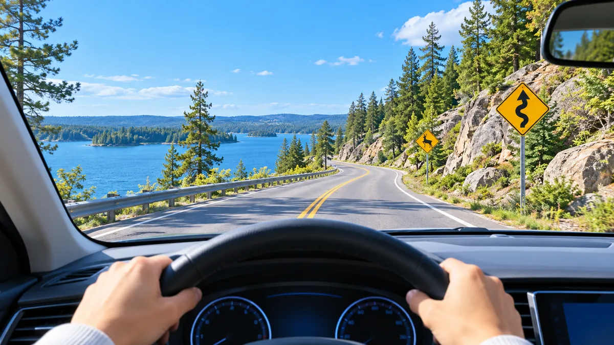 View from the driver's seat of a road beside a blue lake surrounded by pine forest, road signs ahead