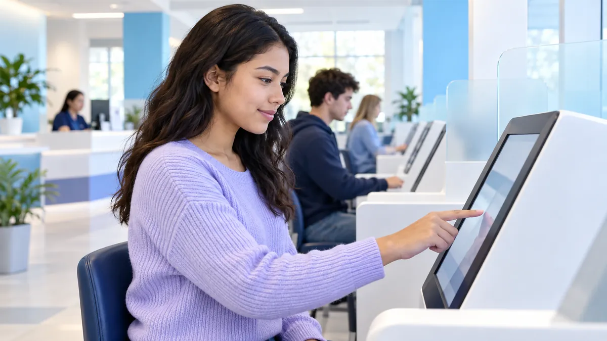A person at a touchscreen testing kiosk in a bright, modern, government-style office