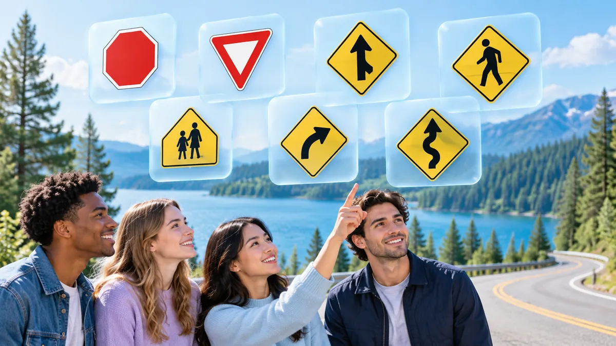 A clean flat illustration of 6–8 US road signs floating on frosted glass cards over white