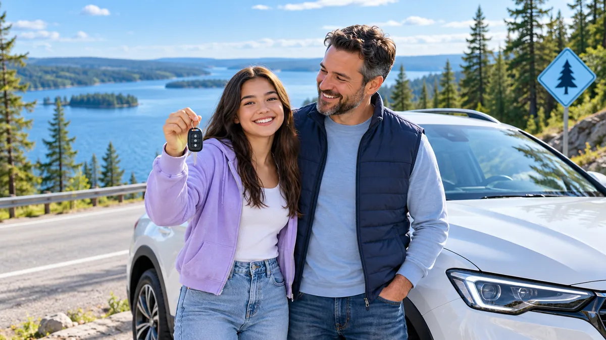 A happy new driver holding car keys next to a parent beside a modern car