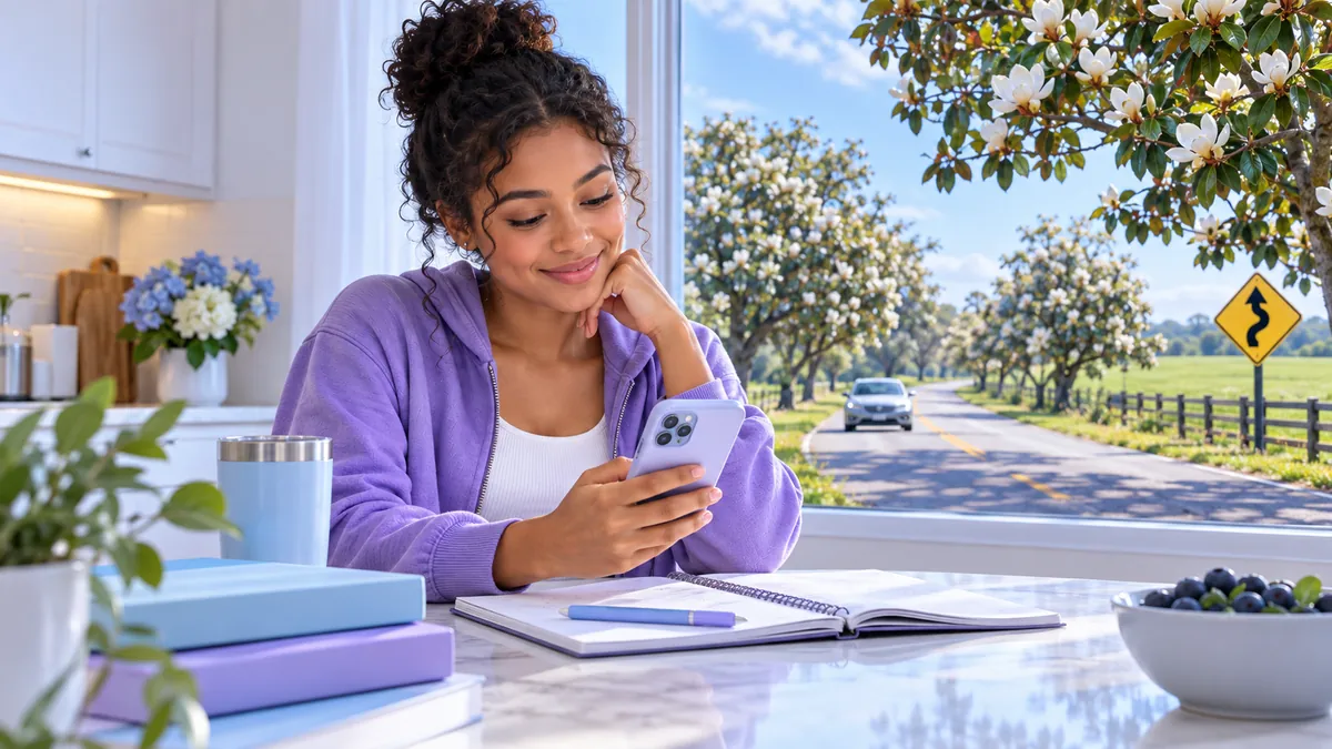 A new driver studying for the Mississippi permit test on a phone at a kitchen table