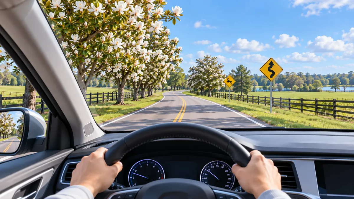 View from the driver's seat of a rural road lined with magnolia trees and green fields