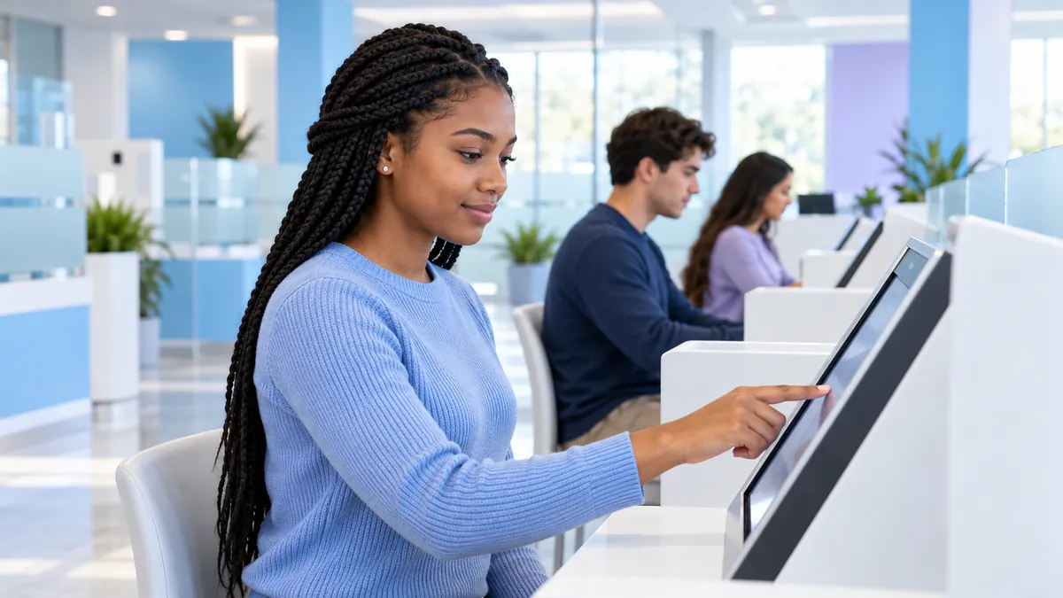 A person at a touchscreen testing kiosk in a bright, modern, government-style office