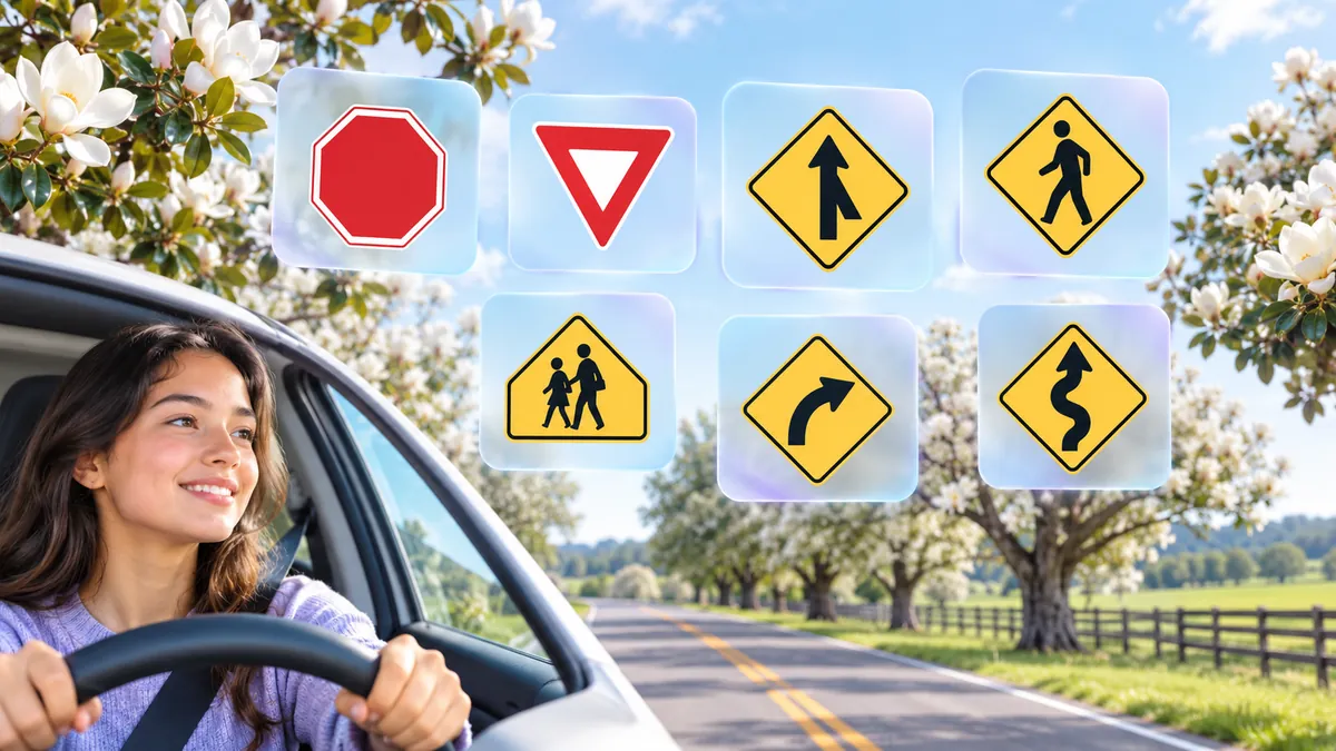 A clean flat illustration of 6–8 US road signs floating on frosted glass cards over white